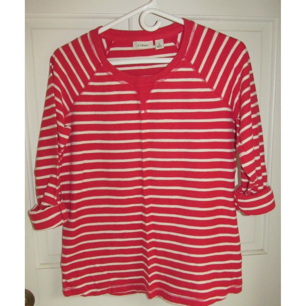 LL Bean Women's Red Striped Roll Tab Sleeve Shirt Size S